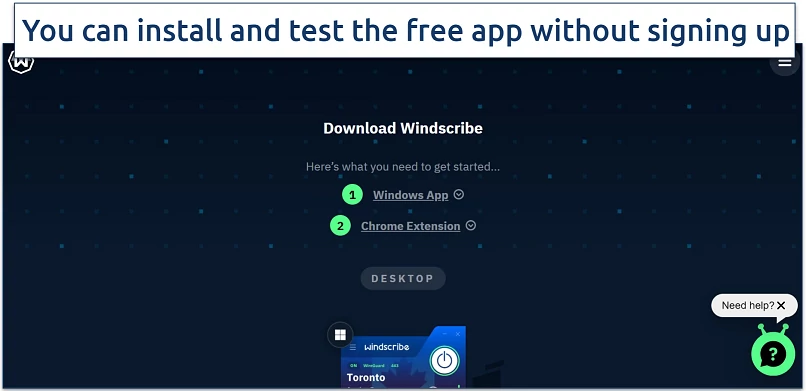 Screenshot of windscribe's download page