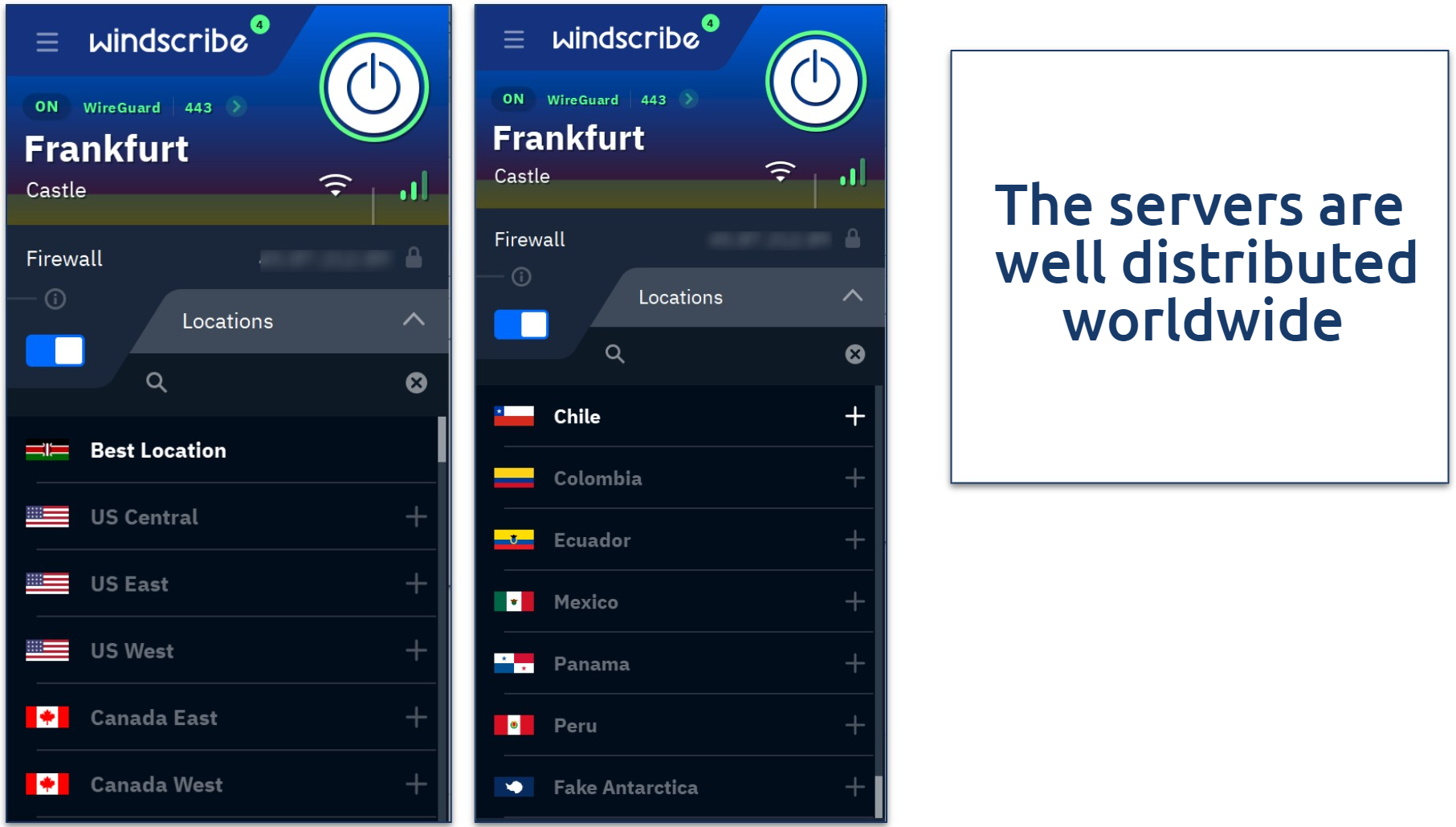 Screenshot of Windscribe's Windows app highlighting the list of servers