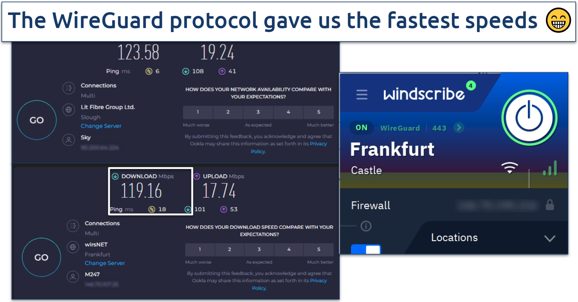 Screenshot of Ookla speed tests done with no VPN and while connected to Windscribe