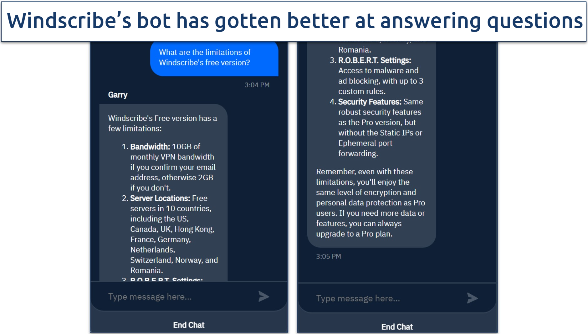 Screenshot of a live chat with Windscribe's bot Garry where I asked for the limitations of its free app