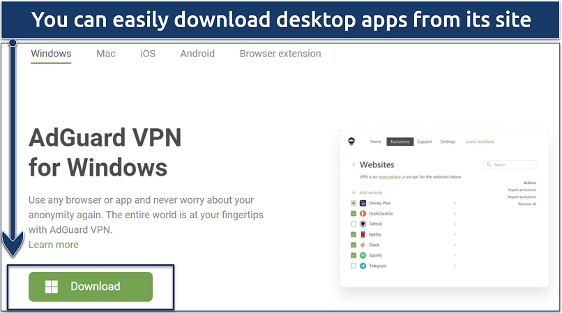 A screenshot showing AdGuard VPN's download page