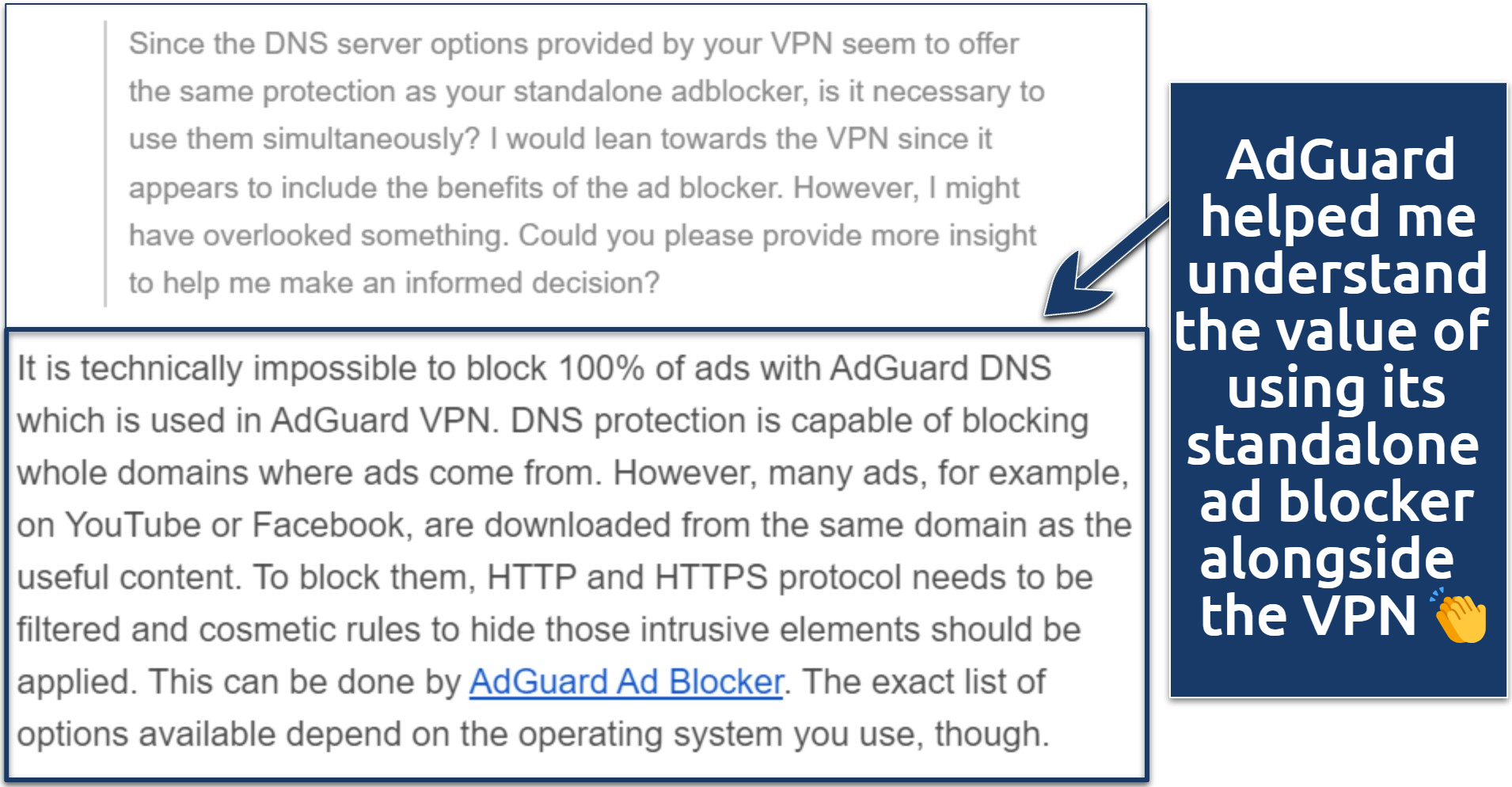 A screenshot showing AdGuard's support team helping me understand the value of using its standalone ad blocker alongside the VPN