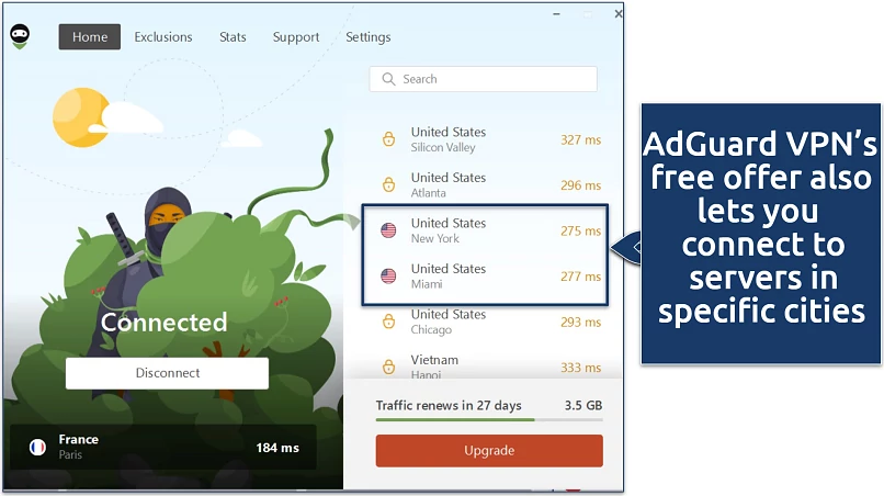 A screenshot showing city-level servers aren't available with AdGuard VPN's free plan