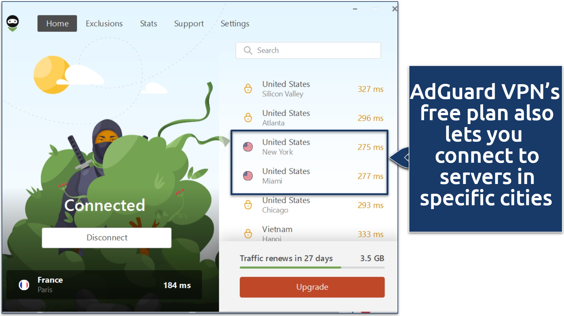 A screenshot showing city-level servers aren't available with AdGuard VPN's free plan