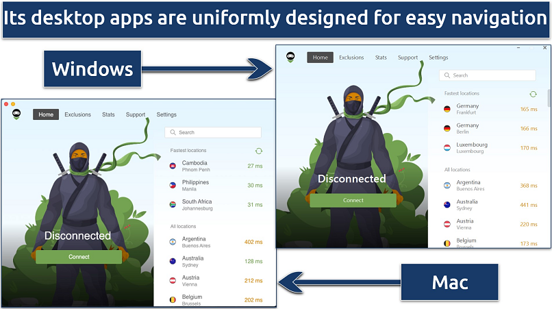 AA screenshot showing AdGuard VPN's interface is consistent across Mac and Windows apps