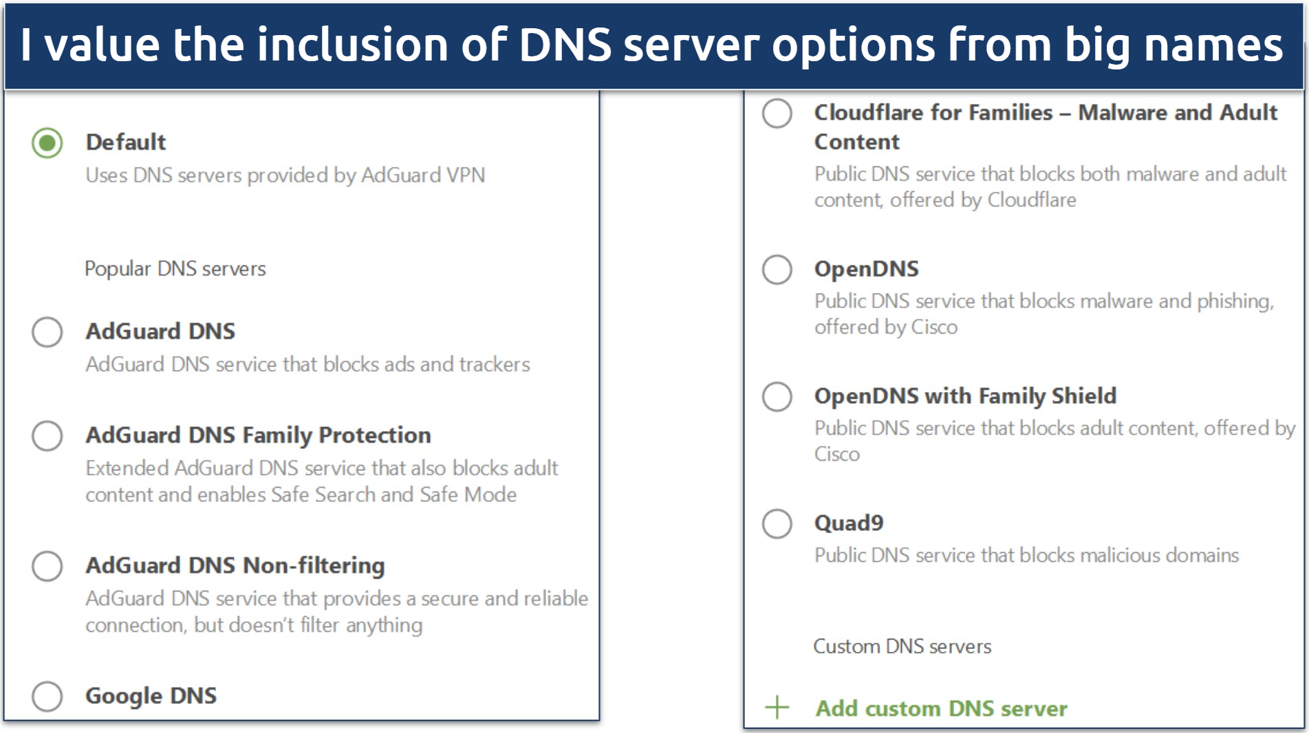 A screenshot showing that AdGuard VPN offers different DNS filtering capabilities, including options for third-party services