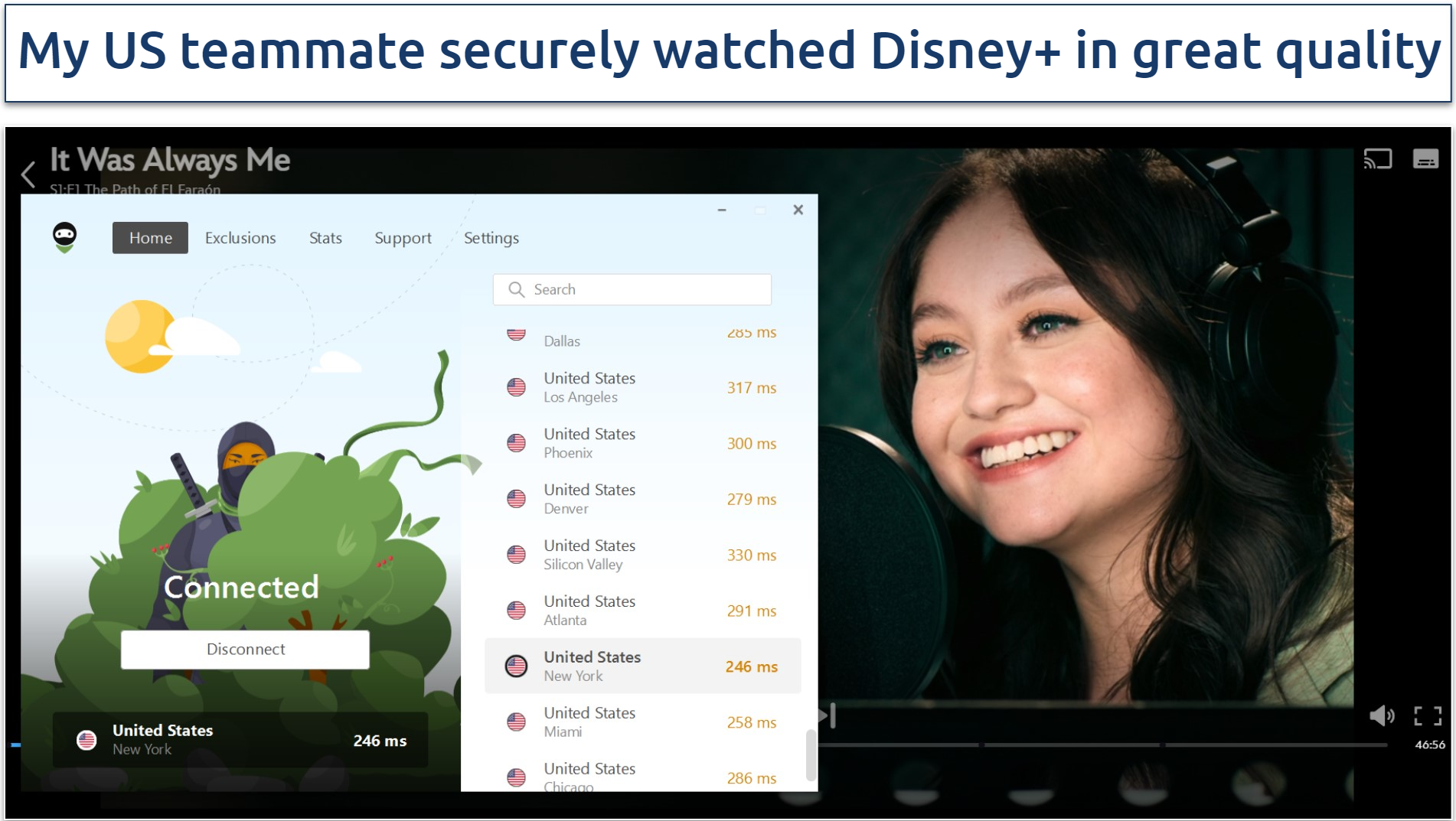 A screenshot of Disney+ streaming It Was Always Me while connected to AdGuard VPN's New York server