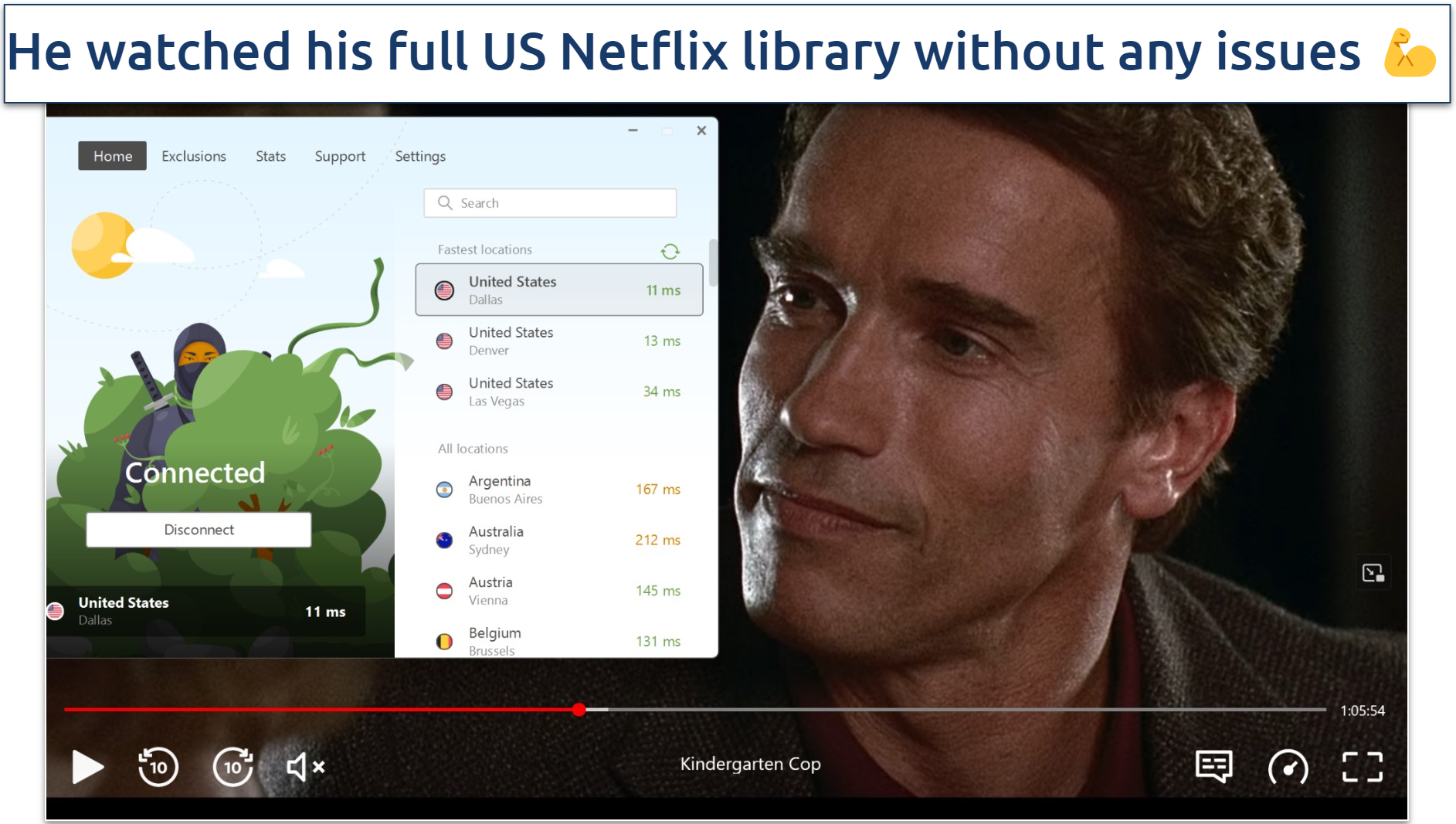A screenshot of Netflix US streaming Kindergarten Cop while connected to AdGuard VPN's Dallas server