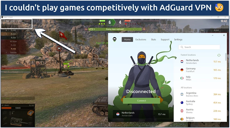 A screenshot showing playing World of Tanks (WoT) while connected to AdGuard VPN's fastest server