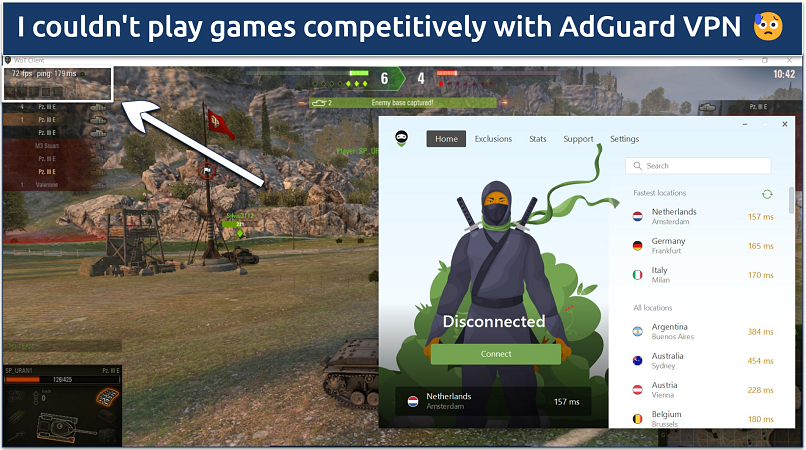 A screenshot showing playing World of Tanks (WoT) while connected to AdGuard VPN's fastest server