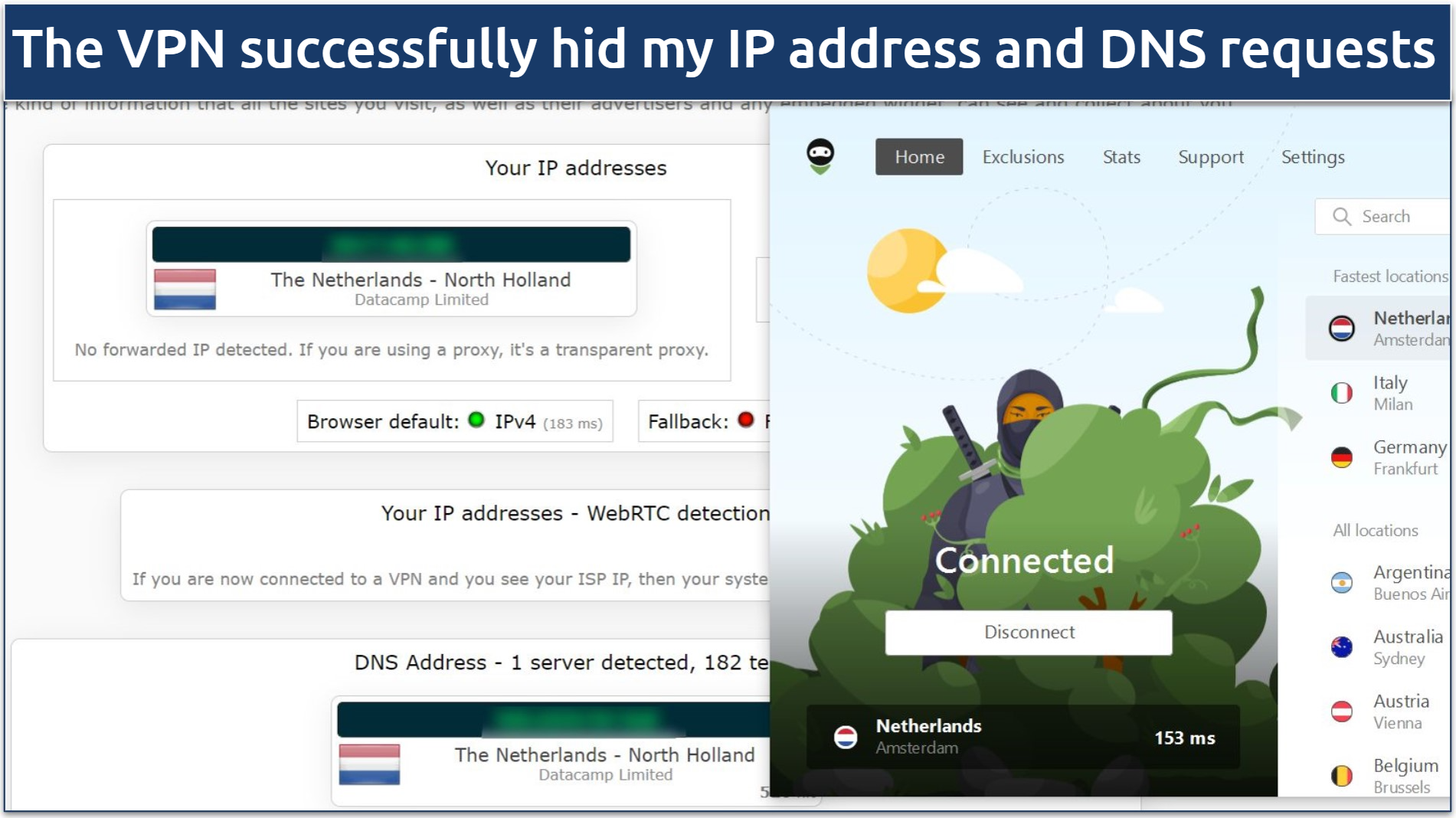 A screenshot showing AdGuard VPN passed DNS, IP leak, and WebRTC tests