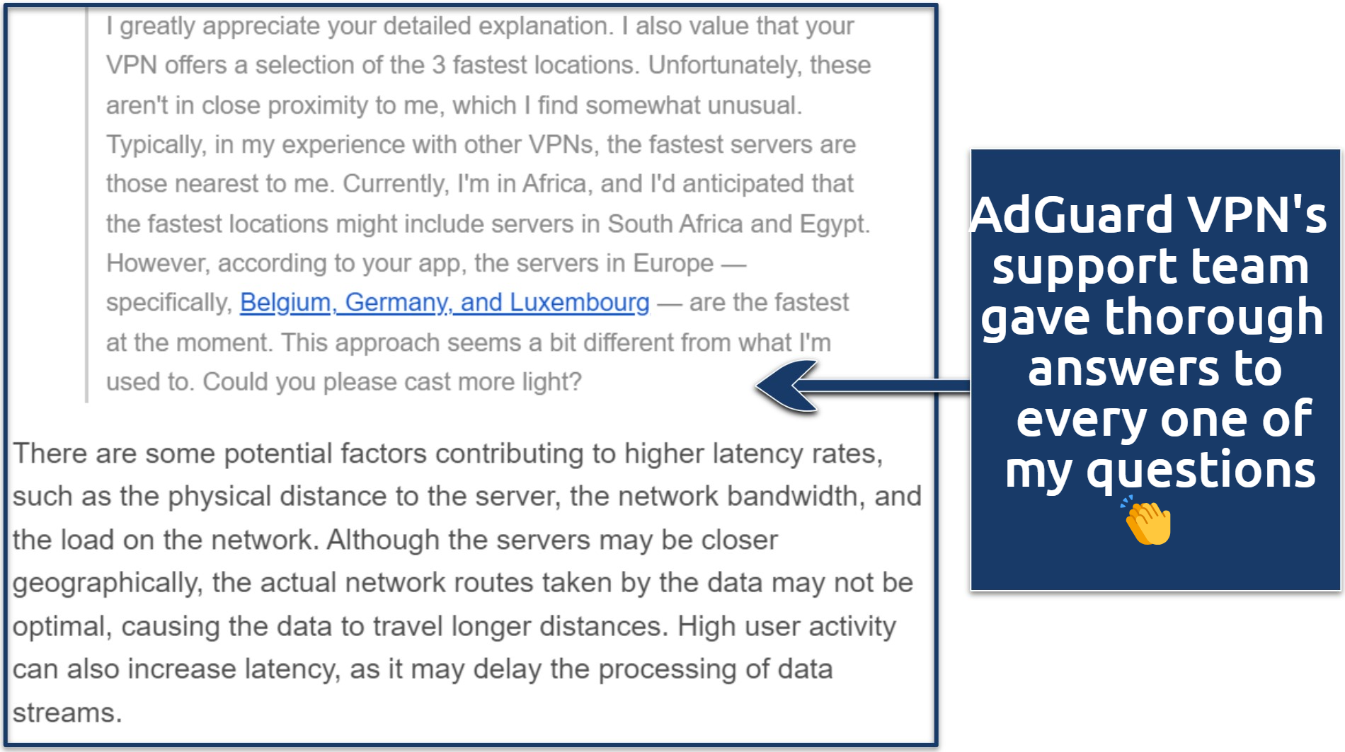 A screenshot showing AdGuard VPN's support team guidance on the factors that determine the speeds of a server