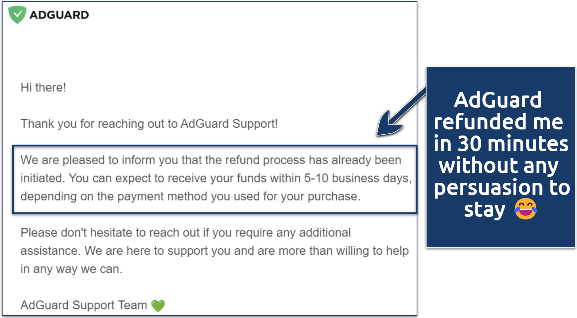 A screenshot showing AdGuard offers refunds on its VPN service