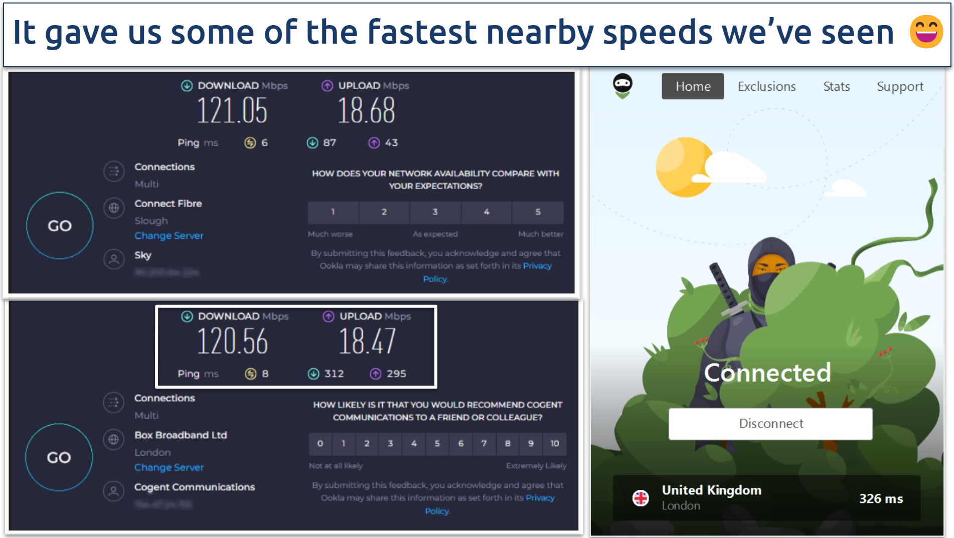 A screenshot of Ookla speed tests done while connected to AdGuard VPN's UK server and with no VPN connected