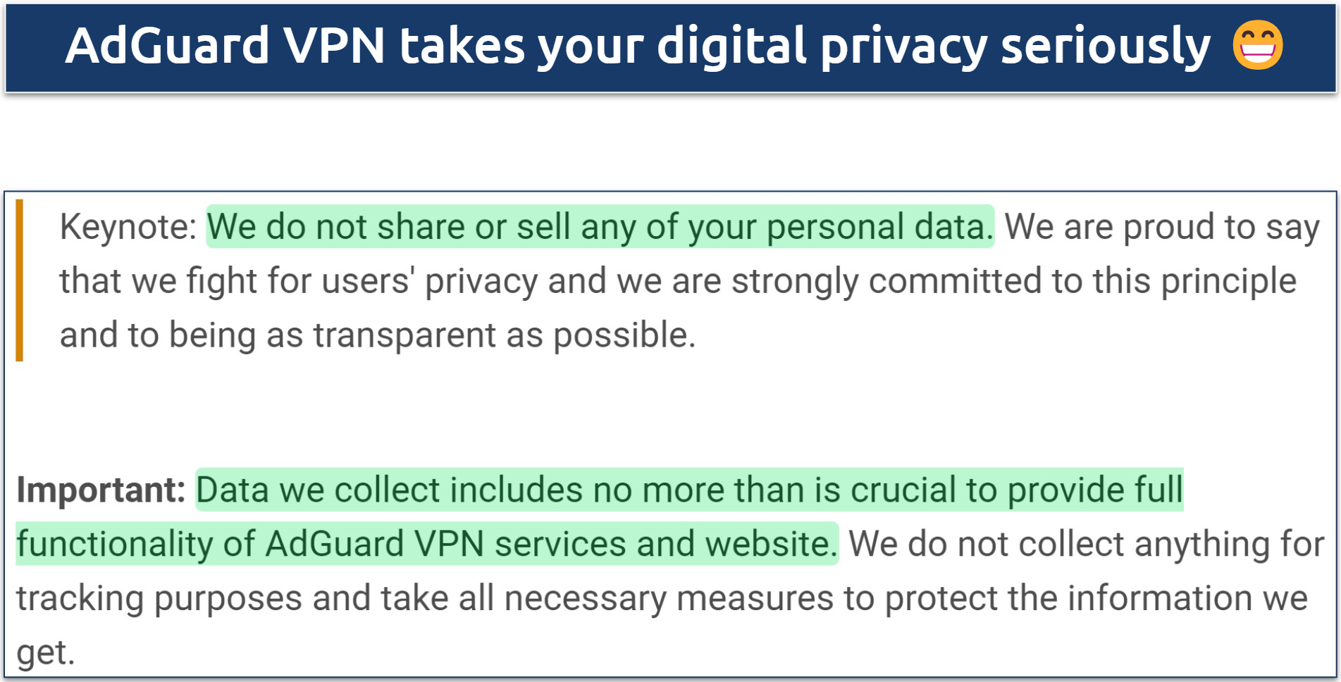 A screenshot showing AdGuard VPN doesn't holds on to sensitive information like IP addresses
