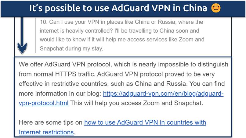 A screenshot showing AdGuard VPN's support team confirming the VPN work in China