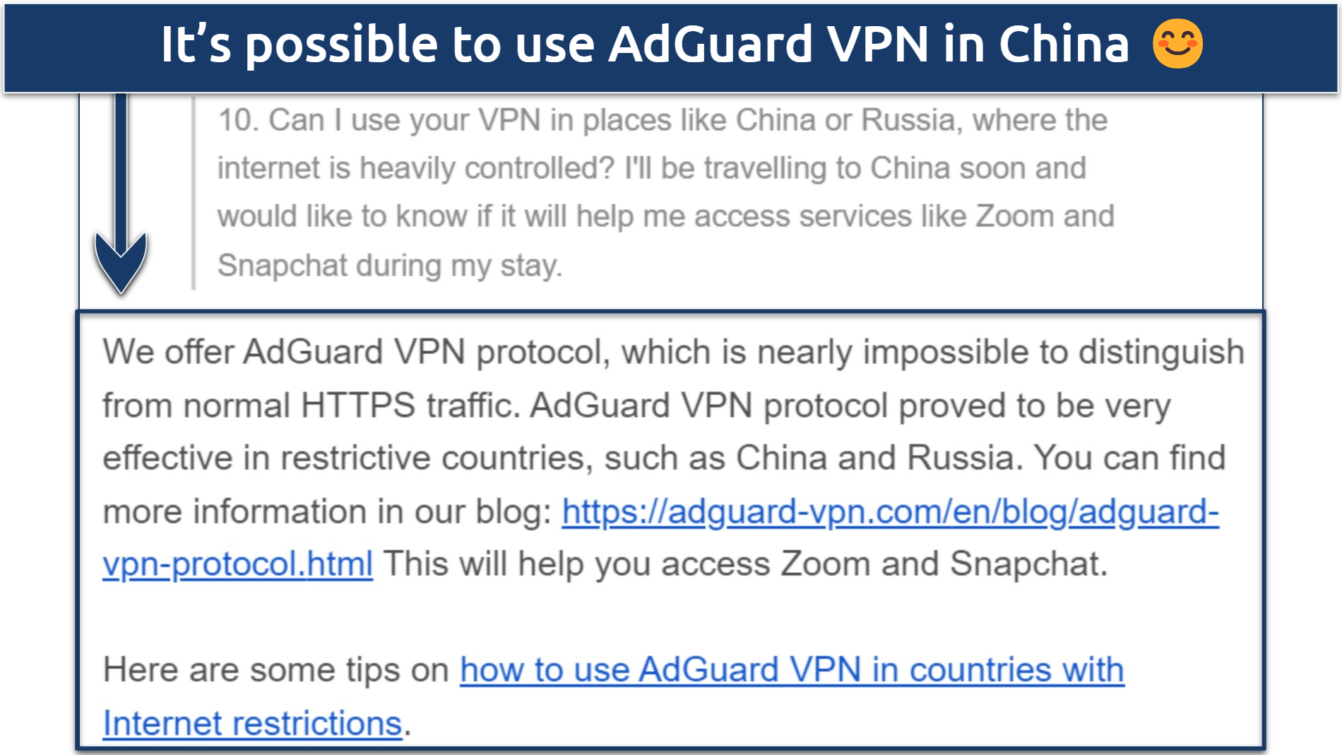 A screenshot showing AdGuard VPN's support team confirming the VPN work in China