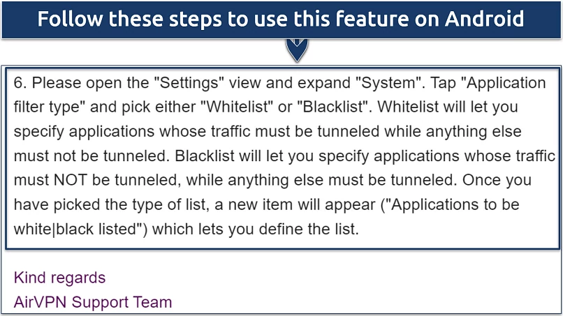 A screenshot showing the steps to activate the split tunneling feature in AirVPN's Android app.