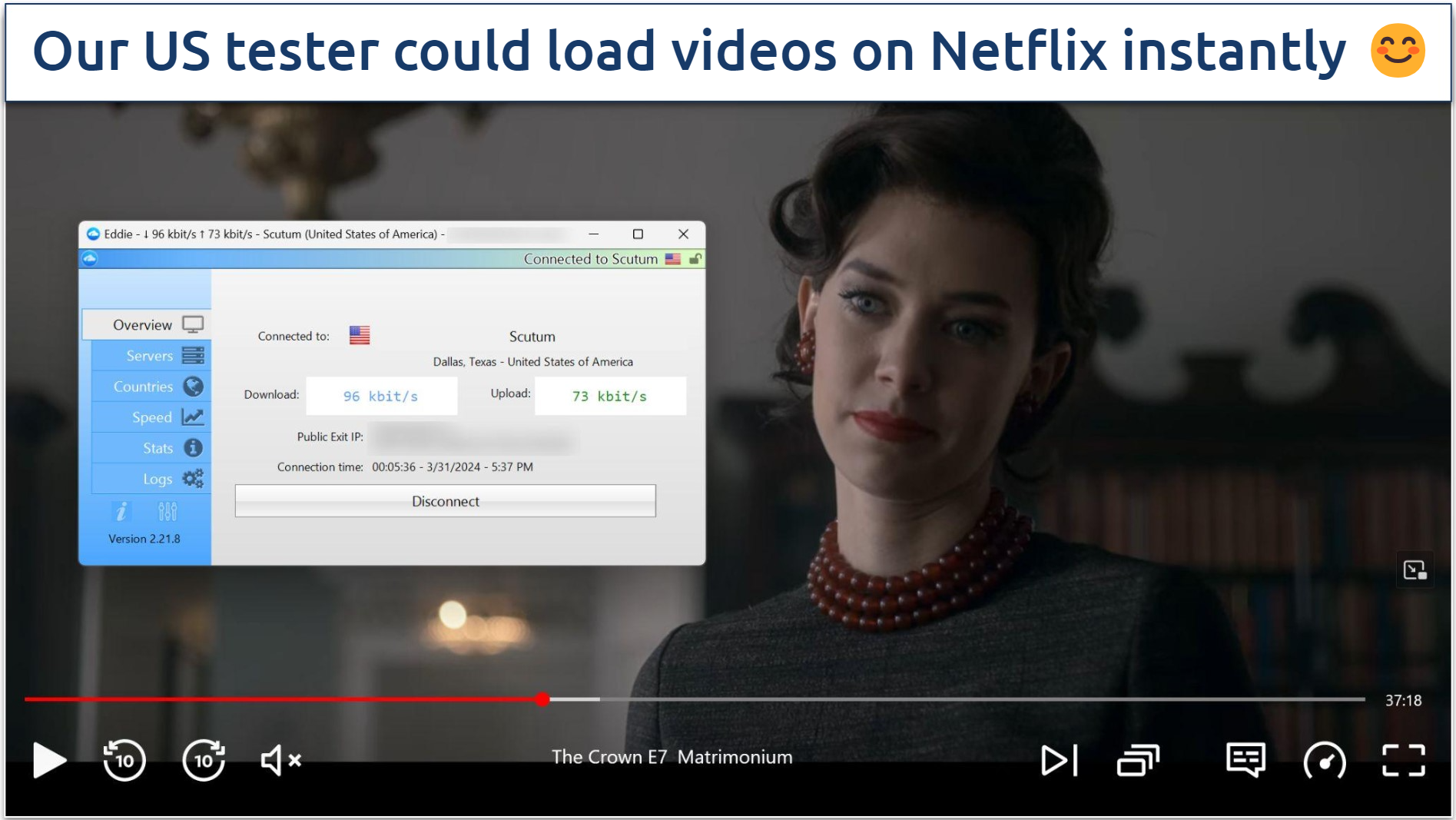 A screenshot of Netflix US streaming The Crown while connected to AirVPN's Dallas server