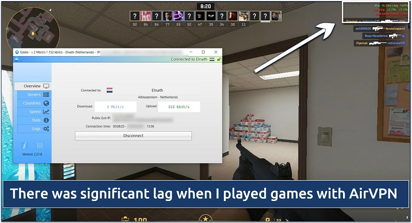 A screenshot showing playing Counter-Strike 2 while connected to AirVPN's fastest server