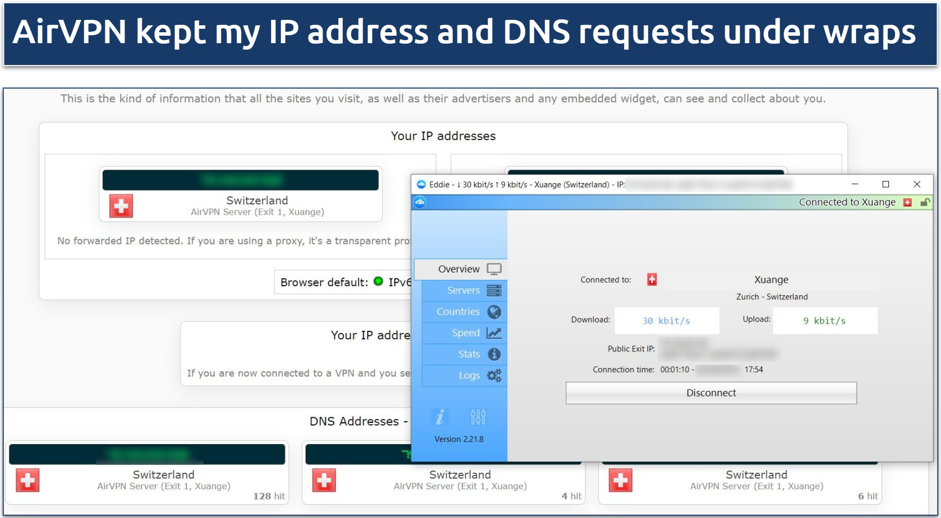 A screenshot showing AirVPN passed DNS, IP leak, and WebRTC tests