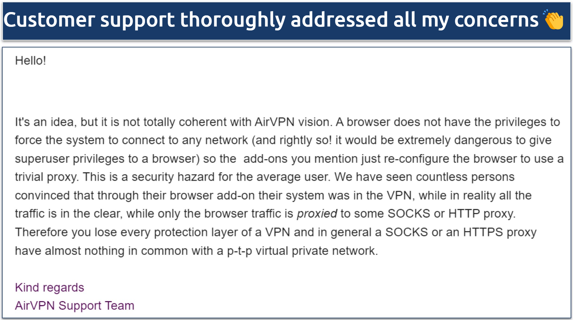 A screenshot showing AirVPN's support team clarifying the reasons behind the lack of browser extensions