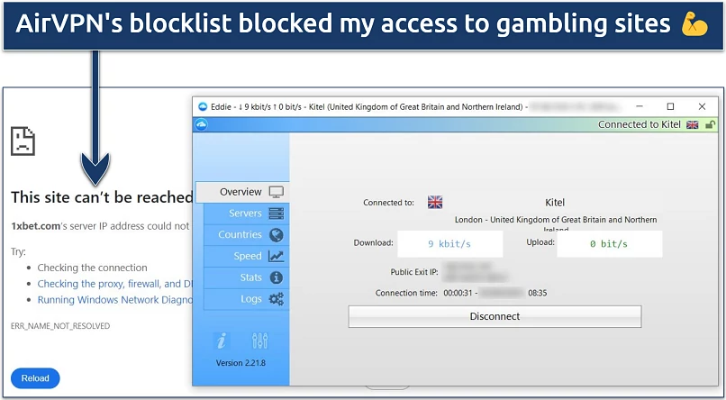 A screenshot showing AirVPN's dns blocklist prevented access to 1xbet