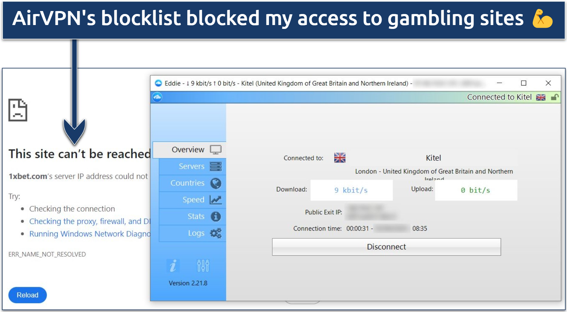 A screenshot showing AirVPN's dns blocklist prevented access to 1xbet