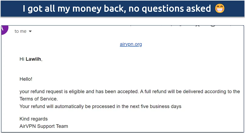  A screenshot showing AirVPN's adherence to its advertised refund policy