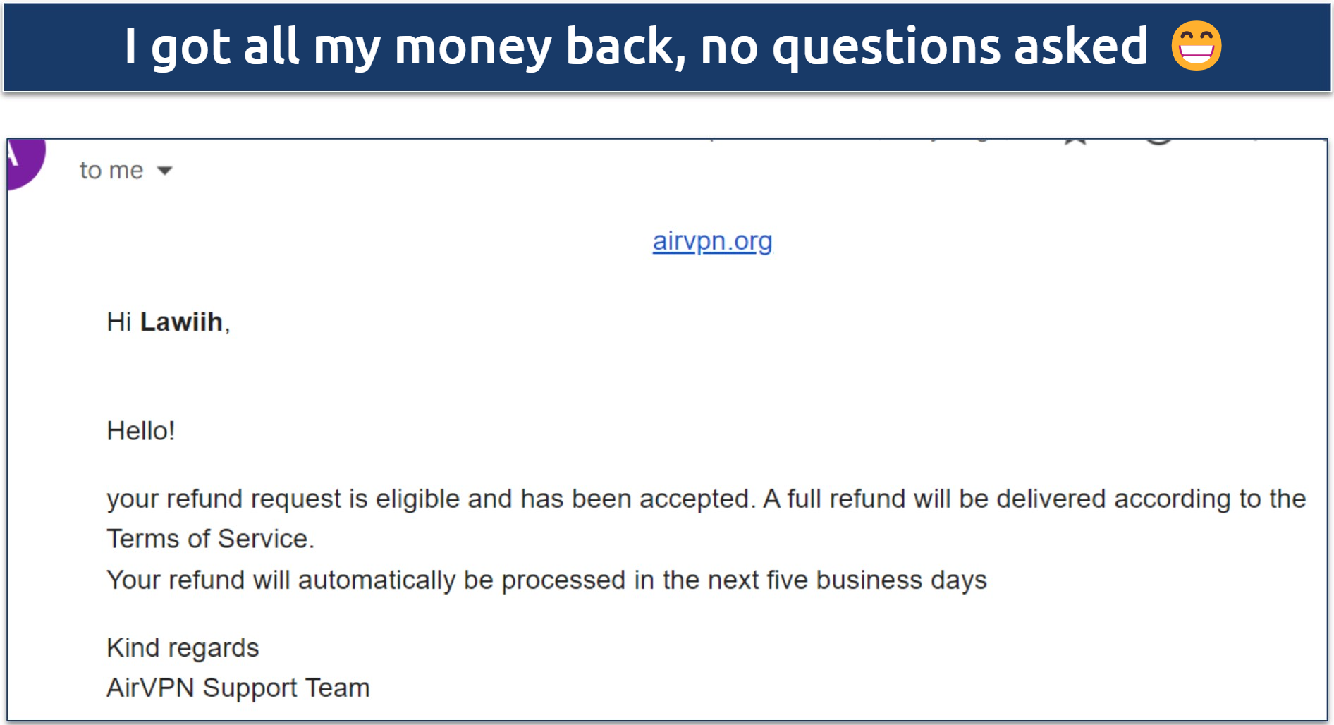  A screenshot showing AirVPN's adherence to its advertised refund policy