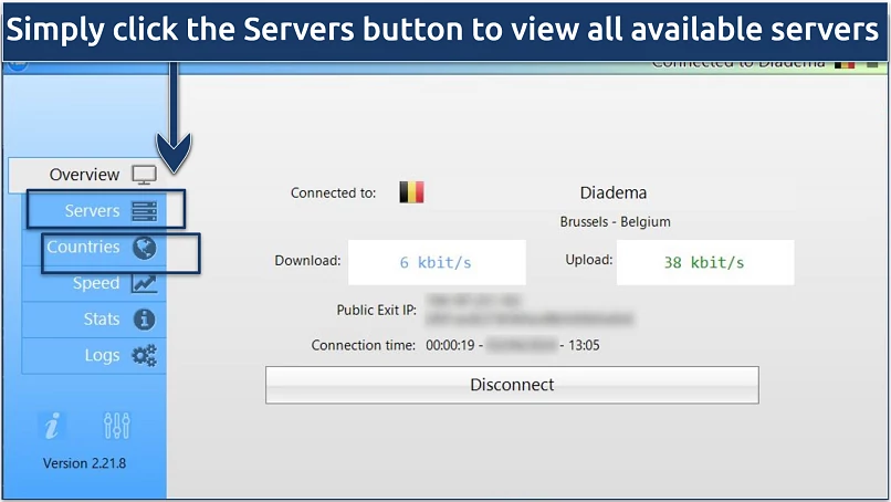 A screenshot showing the servers and countries tab on AirVPN's main screen