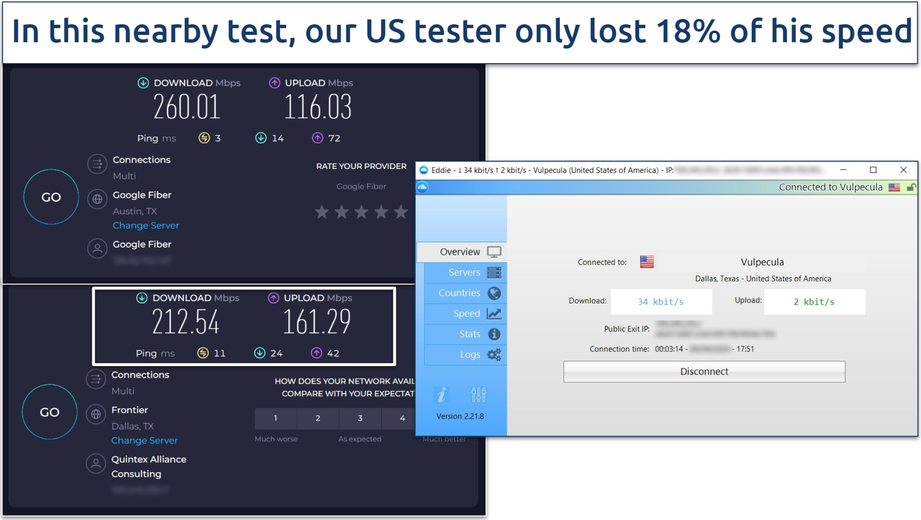 A screenshot of Ookla speed tests done while connected to AirVPN's US server and with no VPN connected