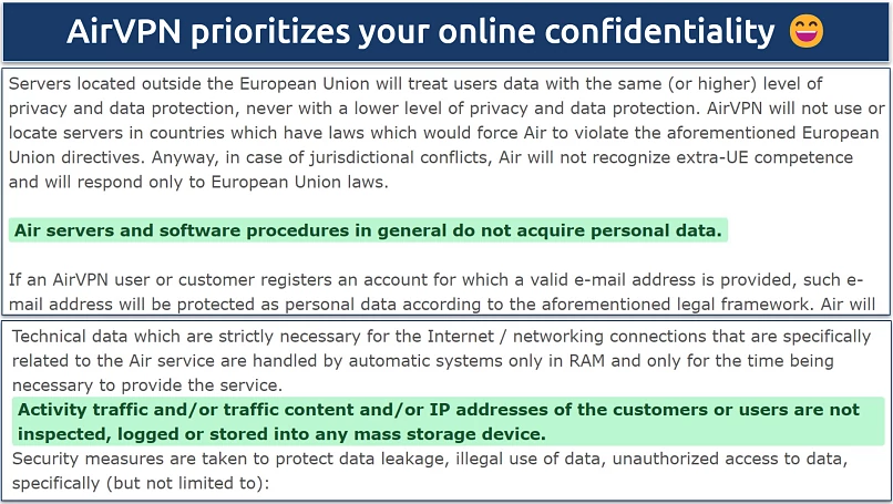 A screenshot showing sections of AirVPN's policy that confirms that VPN doesn't log sensitive information
