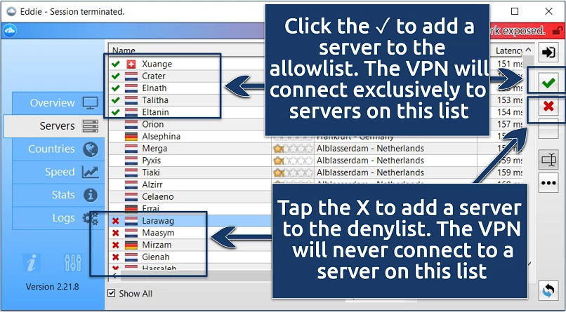 A screenshot showing how to whitelist and blocklist AirVPN servers