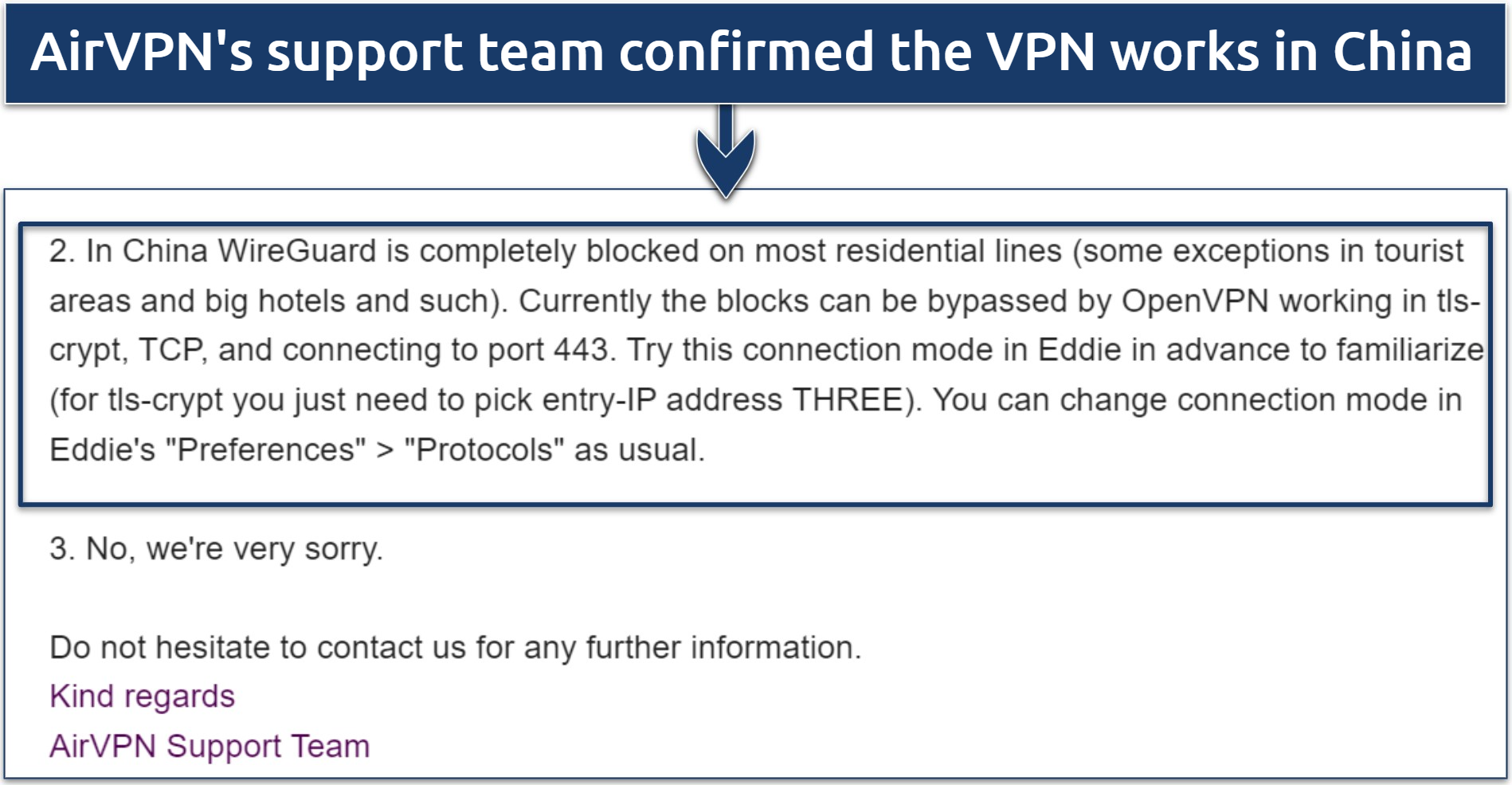 A screenshot showing AirVPN's support team confirmed the VPN works in China