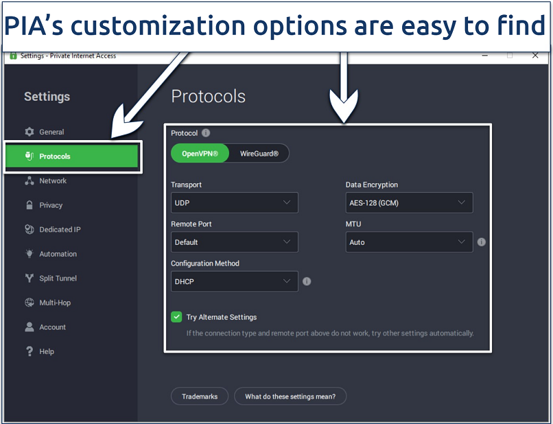 Screenshot of the PIA interface showing its connection customization options
