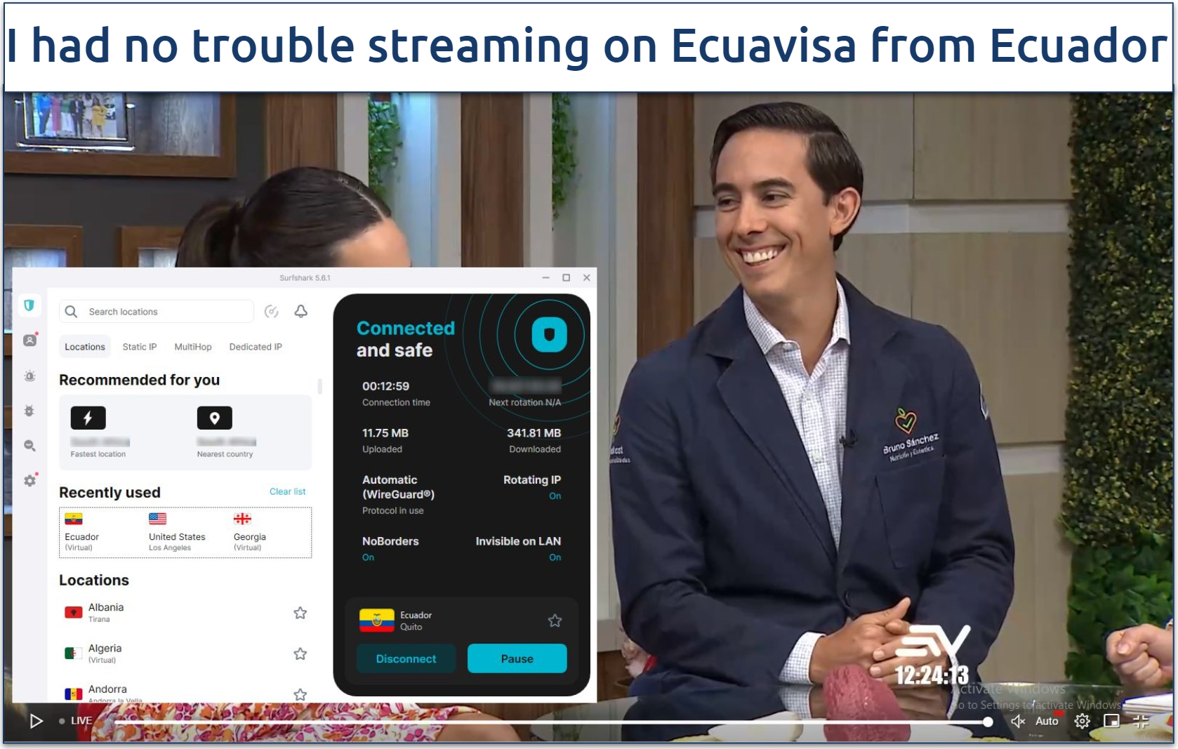 Screenshot showing an Ecuadorian show playing on Ecuavisa with Surfshark connected to the Ecuador server