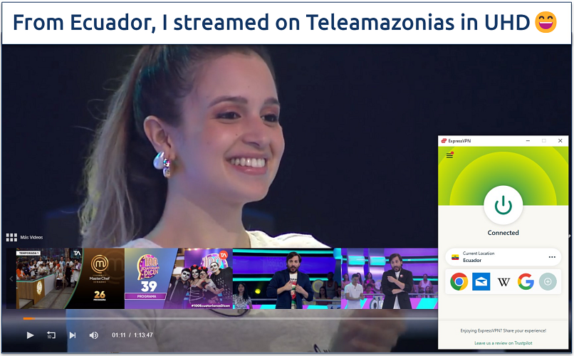 Screenshot of a show playing on Teleamazonias with ExpressVPN connected to the Ecuador server