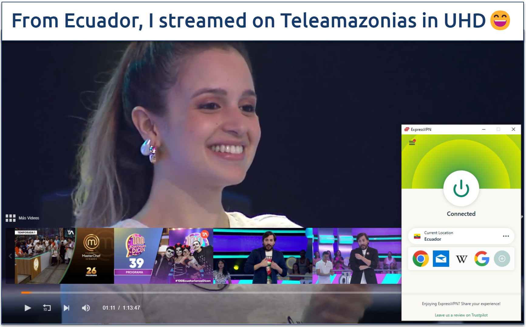 Screenshot of a show playing on Teleamazonias with ExpressVPN connected to the Ecuador server