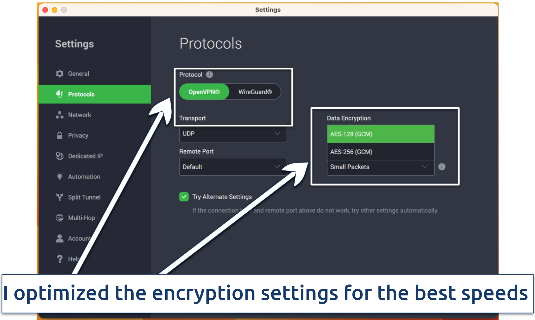 Screenshot of the encryption settings in the PIA app