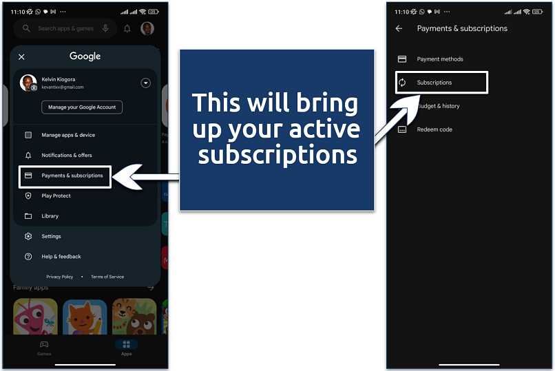 Screenshot of Google Play payment and subscriptions to cancel Surfshark's free trial