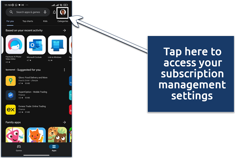 Screenshot showing how to cancel Surfshark via Google Play settings