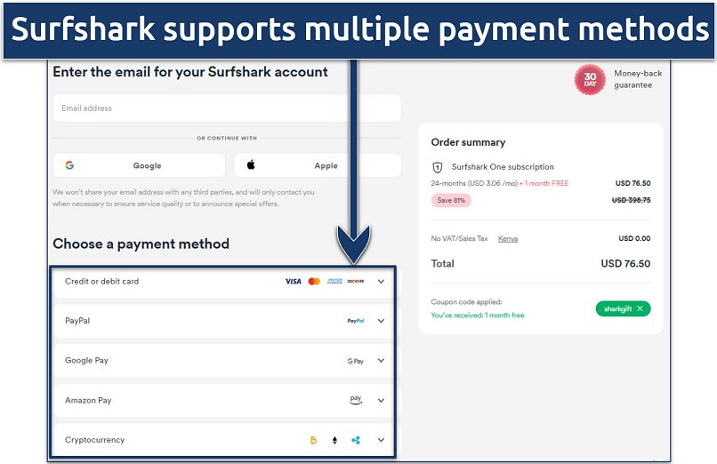 Screebshot of choosing a payment method when buying a Surfshark plan