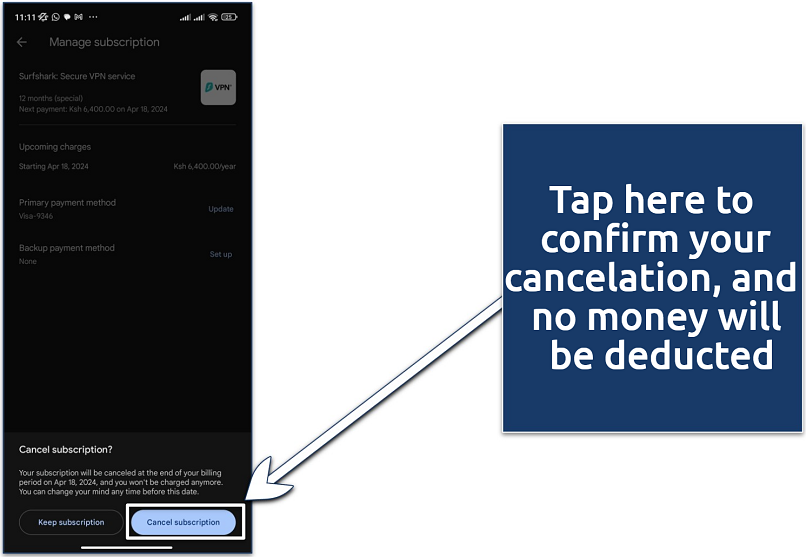 Screenshot confirming you're canceling Surfshark