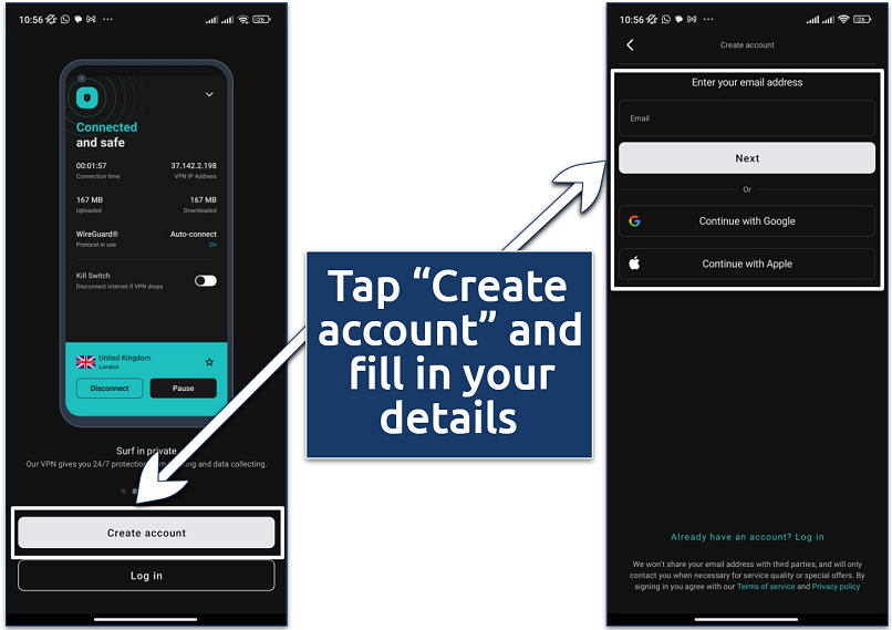 Screenshot showing how to sign up for a Surfshark account on Android