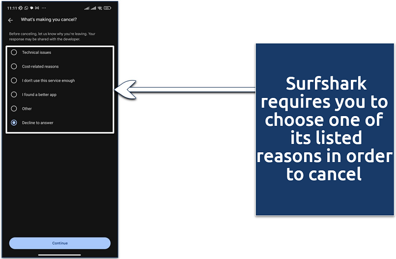 Screenshot showing Surfshark's reasons for canceling your free trial