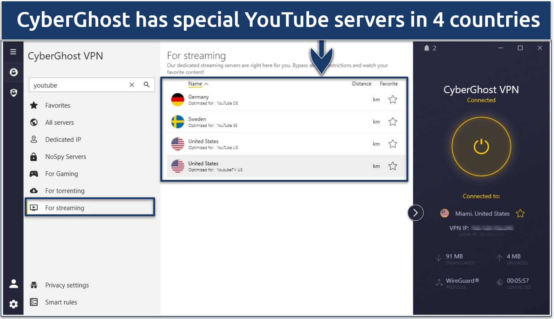 Screenshot of the CyberGhost interface showing its YouTube-optimized servers