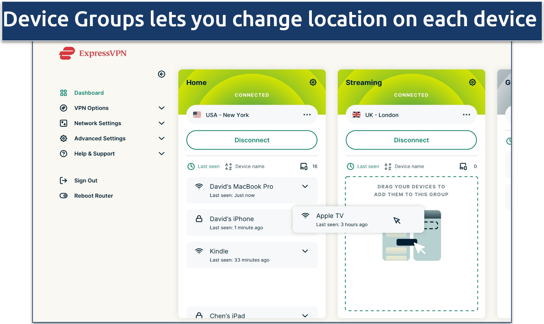 Screenshot showing how to use ExpressVPN's Device Groups