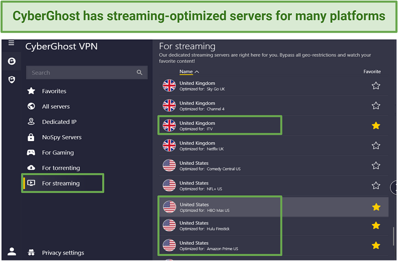 Screenshot of CyberGhost streaming servers for ITVX and HBO Max