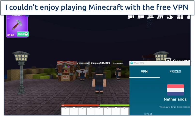 Screenshot of Minecraft being played while connected to Whoer free server in the Netherlands